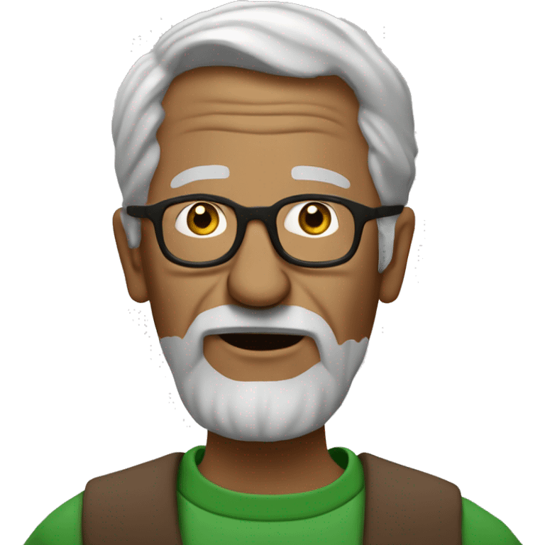 Old men in profile, gray hair, brown glasses on the nose, green crewneck, who says "jm'en fous" emoji