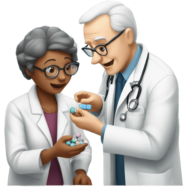 A Caucasian doctor with glasses serving 25 pills to an old woman ￼ emoji