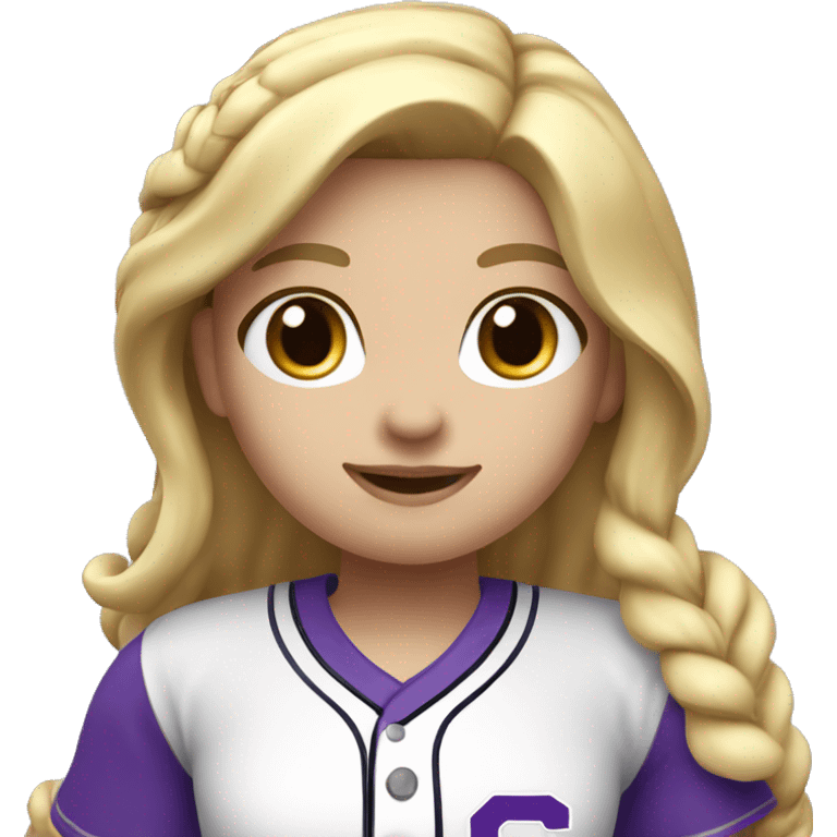 baseball card character. Blonde female long shoulder length hair. letter C logo. white and purple uniform. emoji