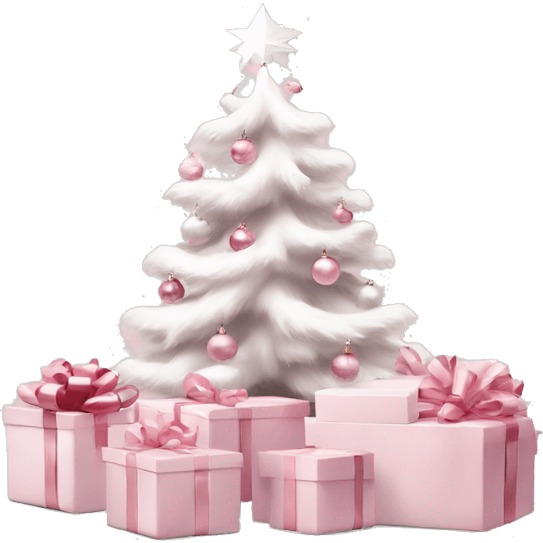 Light pink Christmas gifts under a white Christmas tree  emoji