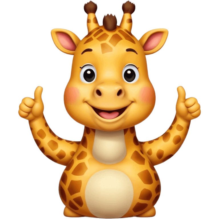 Cartoon short, fat dwarf cute giraffe with a big smile, giving a big thumbs-up emoji