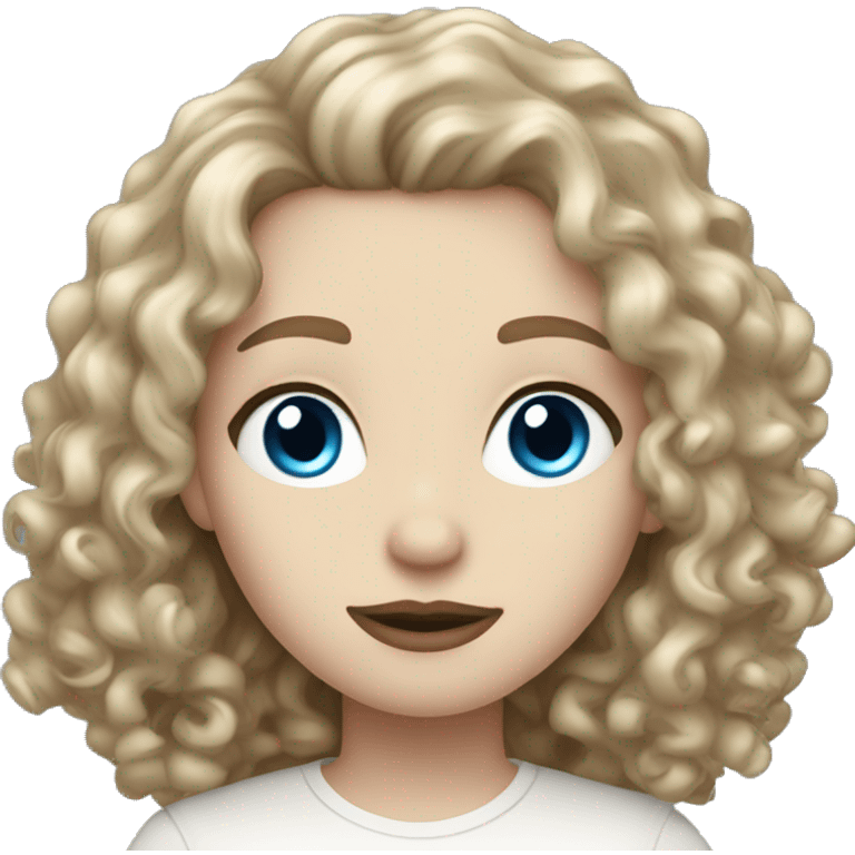 very pale skin, curly dark blonde hair, blue eyes, big lips, white shirt emoji