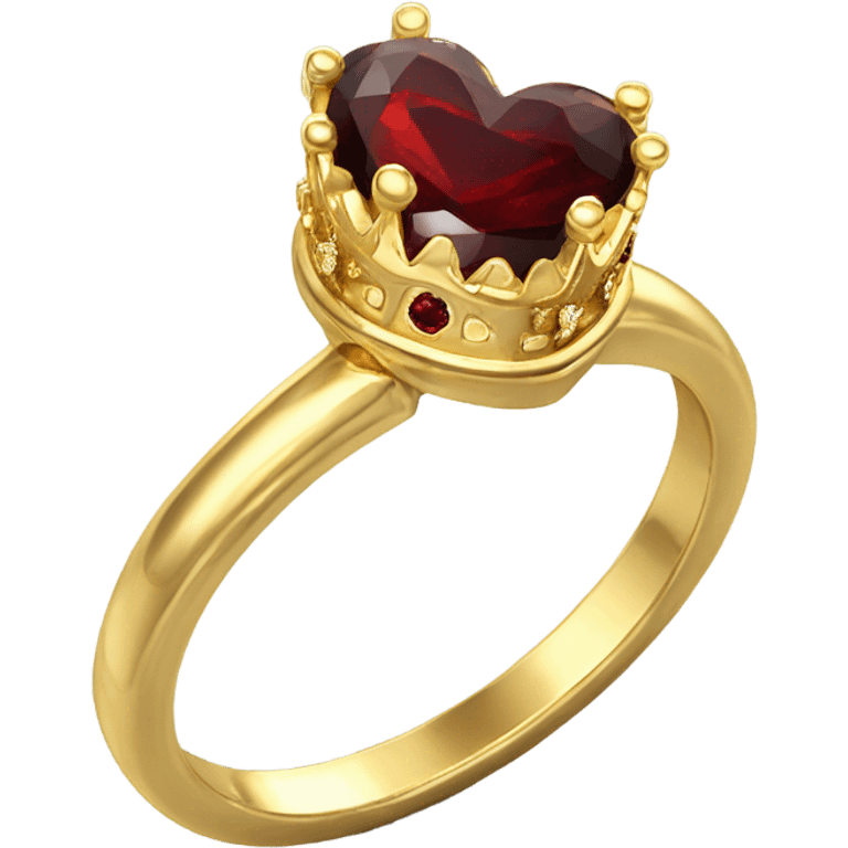 Gold crown shaped engagement ring with heart shaped garnet stone in center front facing emoji