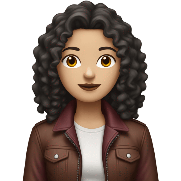 long black curly hair white girl wearing a brown tshirt and a light burgundy biker jacket emoji