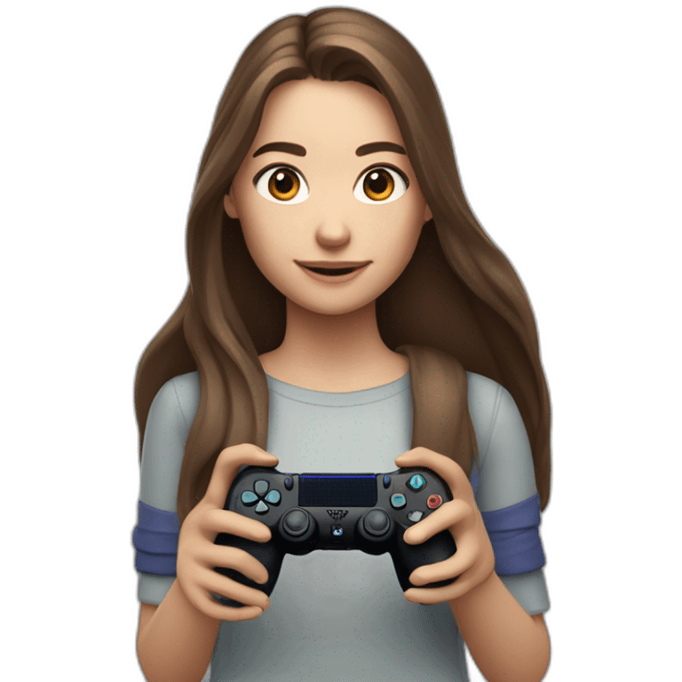 Caucasian Girl with long Brown hair holding a playstation 4 controller as she was playing looking at a screen emoji