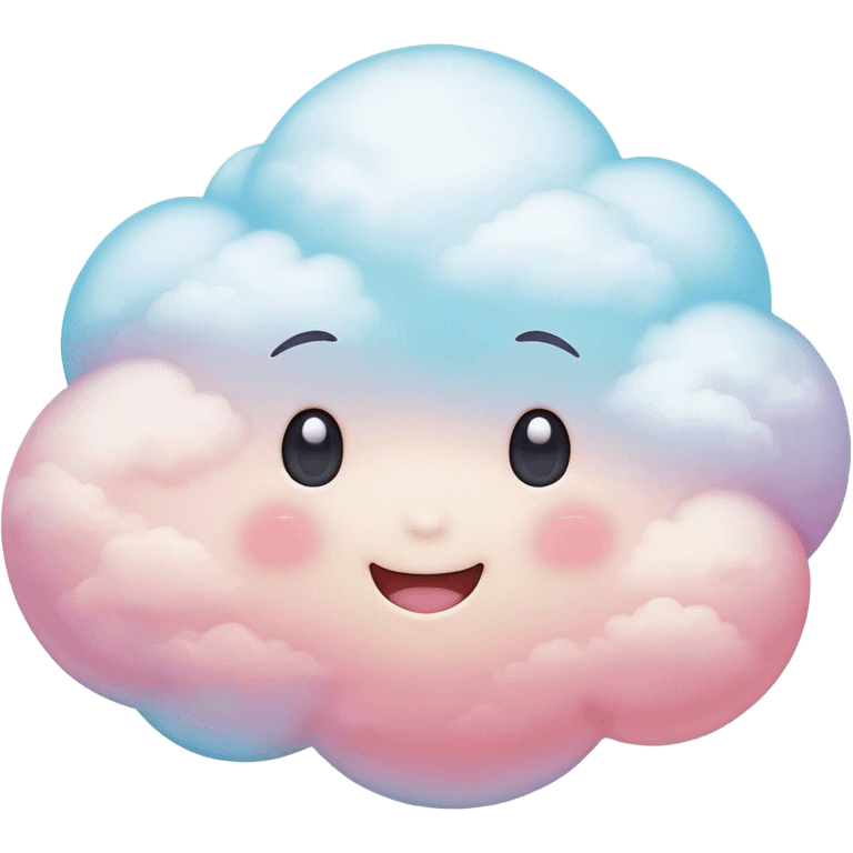 Cinematic round pastel cloud, soft puffy texture, gentle glowing edges, tiny happy face with blushing cheeks, floating in a dreamy sky, warm and magical. emoji