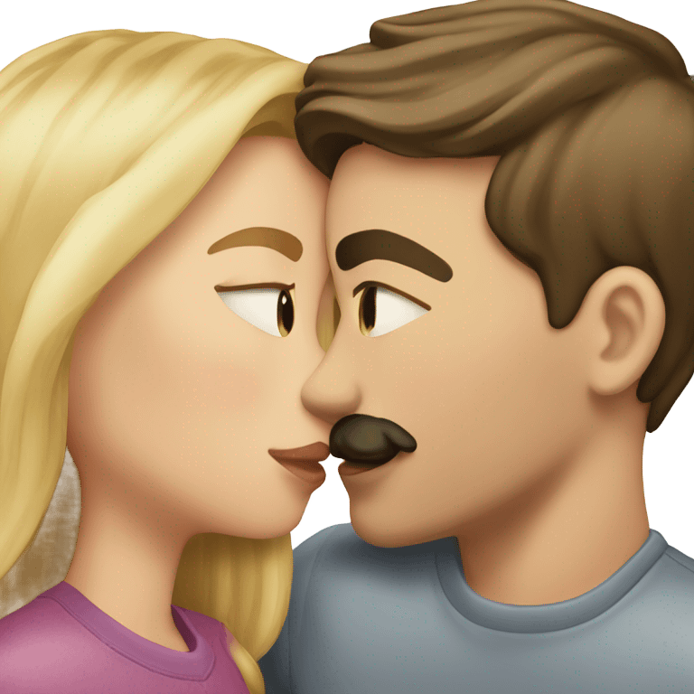 Blonde girl kissing brunette boy with mustache emoji