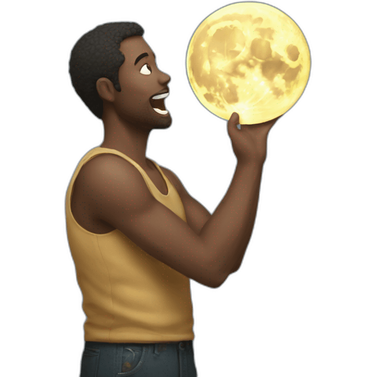 A man holds the moon in one hand and takes a bite out of it emoji