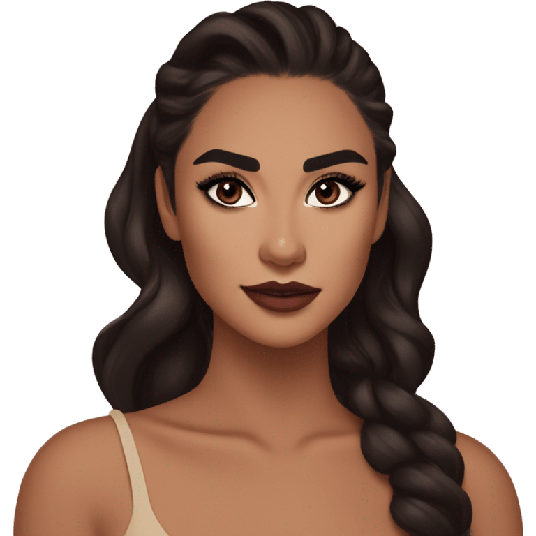 Maddy Perez euphoria show: warm brown eyes, bold black eyeliner, dark arched brows, full nude-berry lips, bronzed skin, high cheekbones, sleek dark brown long hair in waves/ponytail, rhinestones makeup

 emoji