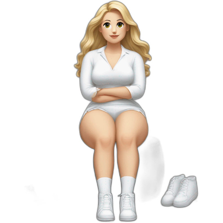 hyperrealistic-full-body-caucasian-curvy-beauty-sitting on the ground-small white-skirt-white knickers white socks emoji