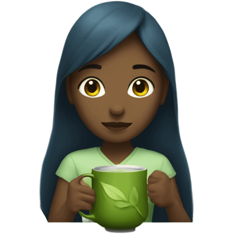 a girl having a matcha tea in the forest emoji