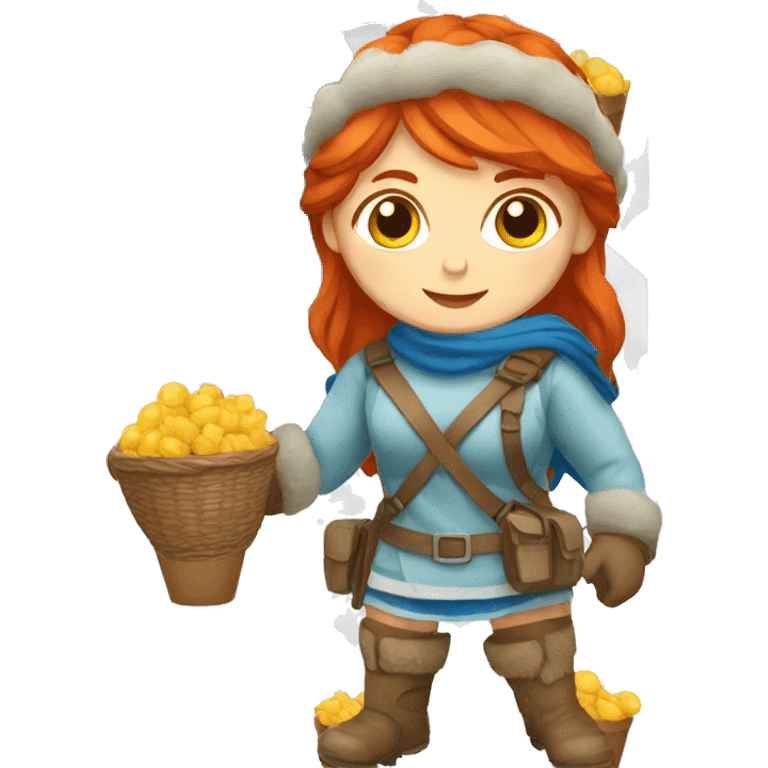 red hair female winter mountaineer offering Easter basket and Greek flag emoji