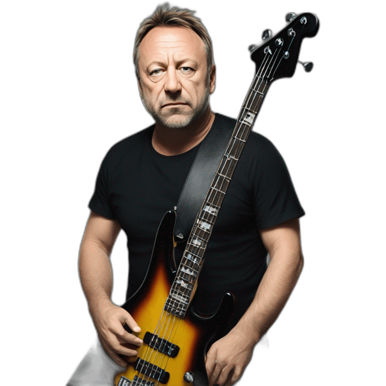 photo realistic Peter Hook, playing, black bass guitar, standing, full body, front view emoji