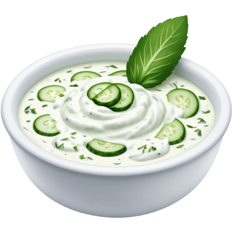 Cinematic Realistic Tzatziki Dish Emoji, featuring a creamy, tangy yogurt sauce with cucumber and herbs rendered with soft textures and cool, refreshing lighting. emoji