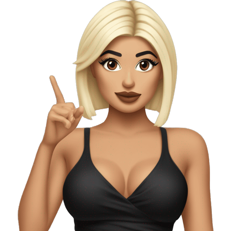 Emoji of Kylie Jenner with blonde hair in a black mini dress with bra, confidently pointing forward with a stylish, influencer vibe pointing forward emoji