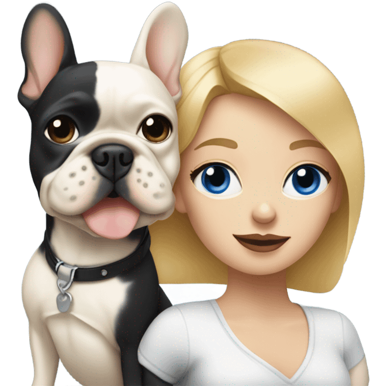 Honey blonde woman with blue eyes hugging a black and white french bulldog emoji