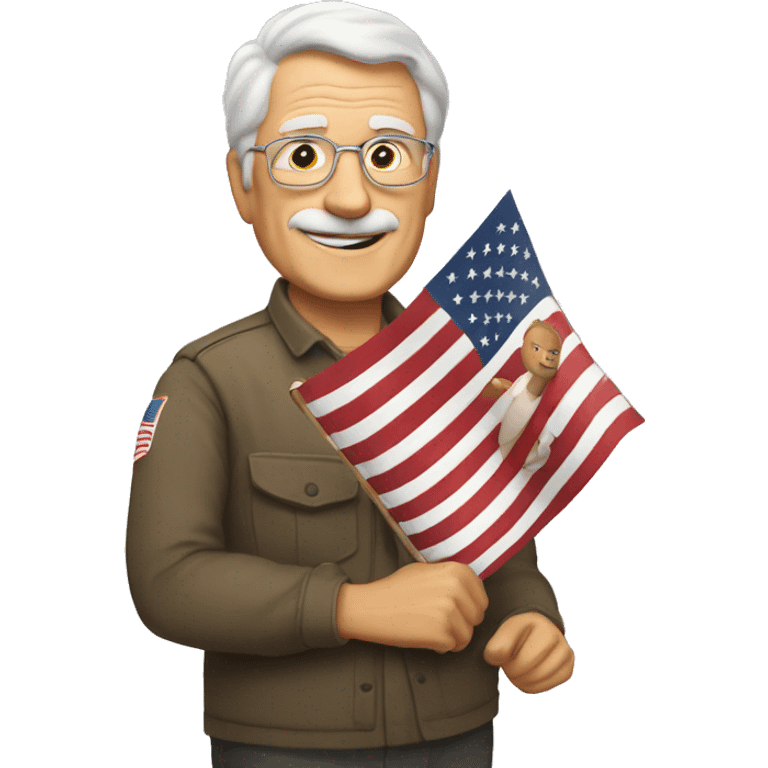 older man holding small american flag, waiving, brown hair and SENSOS written on wall behind him emoji