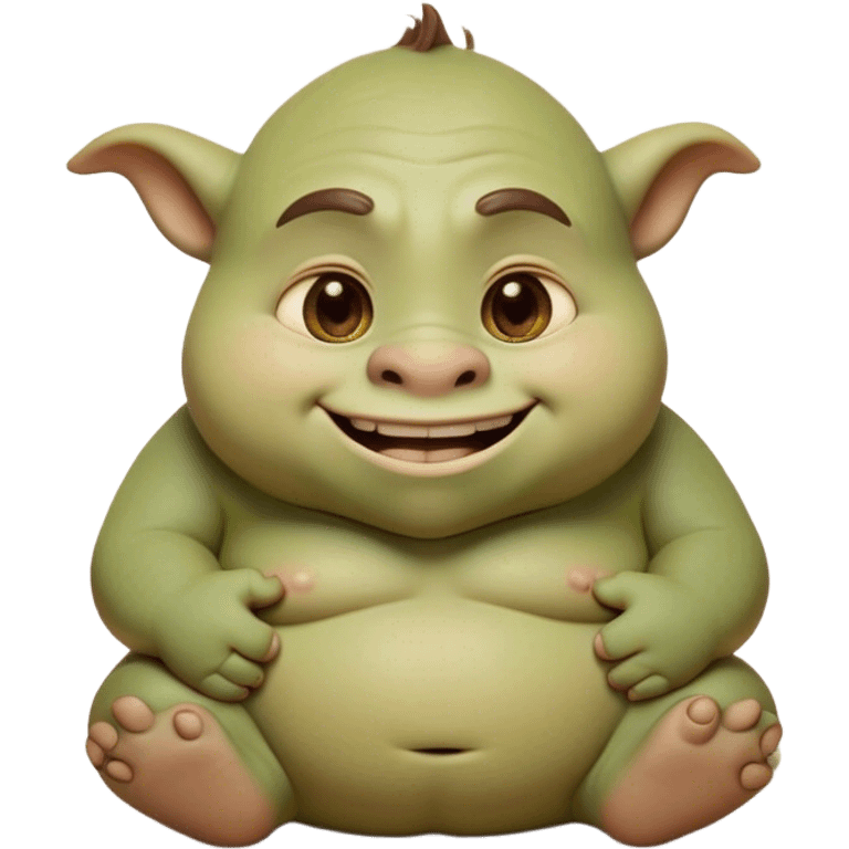 Cinematic Cute Ogre Portrait Emoji, with a surprisingly endearing, plump and huggable figure in soft earthy greens and browns, featuring big, kind eyes and a bashful smile, simplified yet irresistibly adorable, highly detailed with a soft glowing outline that captures the charm of a friendly giant who seems ready for a warm hug! emoji