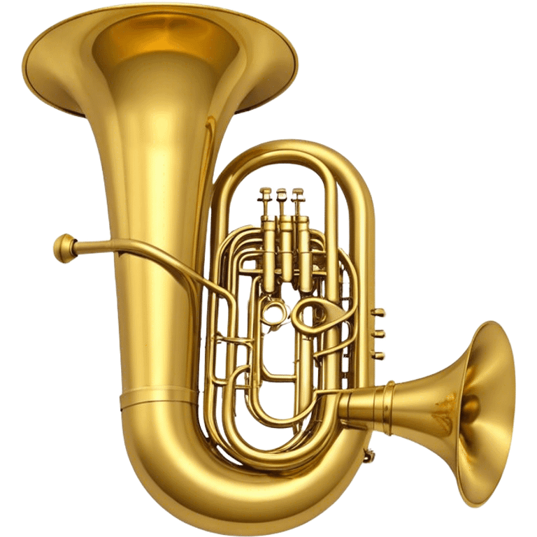 Create a large and bold emoji representing a tuba. The design should feature the tuba’s iconic, large, curved brass body, with its wide bell and tubing wrapping around. Highlight the visible valves and their metal buttons, showcasing the characteristic structure of the instrument. The brass finish should be shiny, with golden tones and subtle reflective light effects to highlight its polished surface. Add soft musical notes or soundwaves emanating from the bell to evoke the deep, resonant sound of the tuba. The background should be transparent. emoji