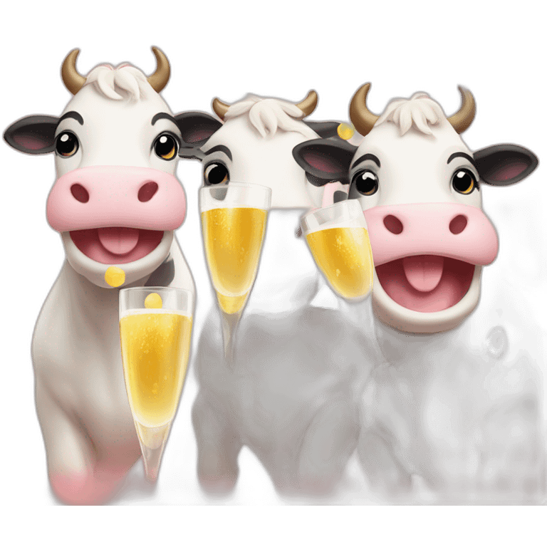 Three cute smiley cows drinking champagne emoji