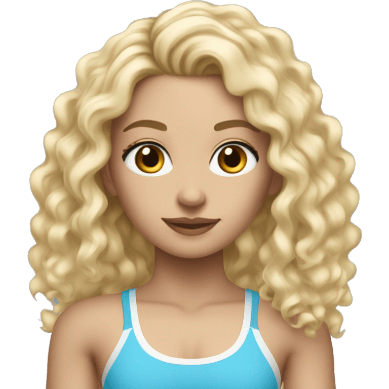 White girl at gym curly hair blonde-ish blue gym clothing set  emoji