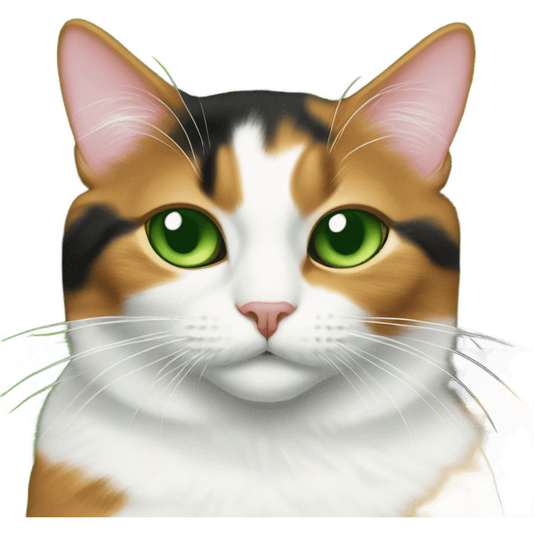 Green eyed calico cat lying on green carpet  emoji