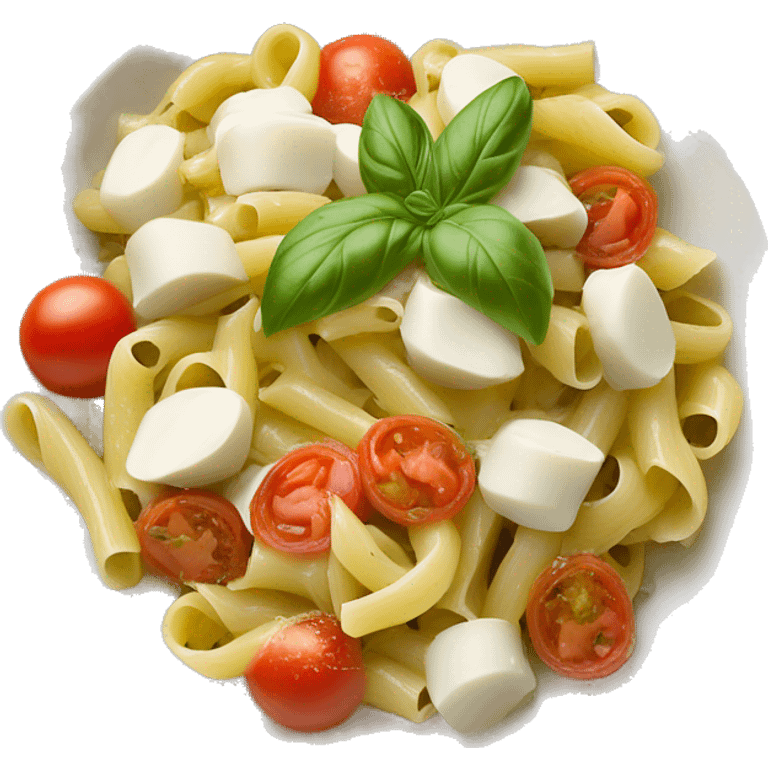 Maak een afbeelding van een bakje pasta pesto met tomaatjes, mozarella en kip emoji