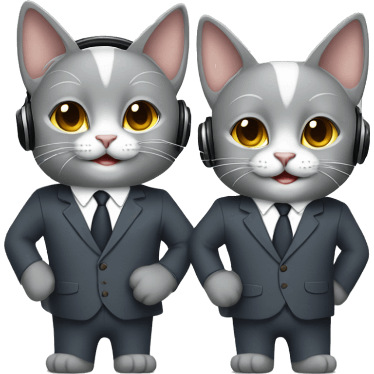 Two gray colored cats with headphones smiling standing back to back with suits    emoji