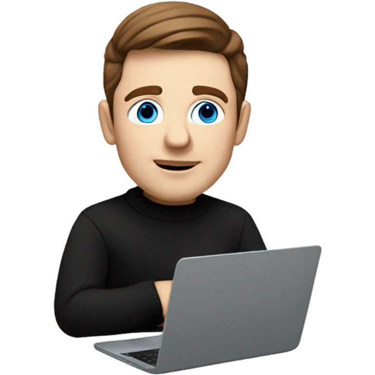     memoji of a man with a laptop in front, apple-style,modern,brown hair,black sweater,computer in hand,white skin, blue eyes an avatar image gonna be round  emoji