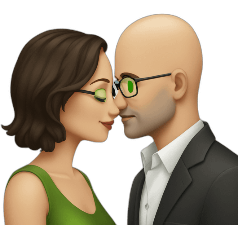 dark brown haired woman without glasses and green eyes kissing bald man with glasses emoji