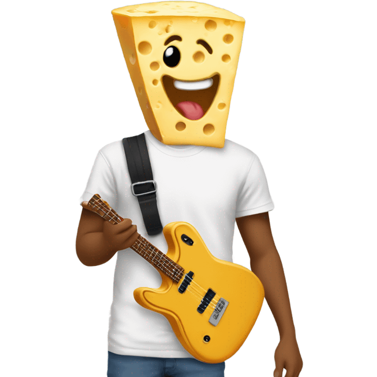 A slice of cheese with a goofy face wearing a band t shirt  emoji