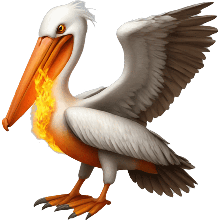 Pelican with orange wings and fire emoji