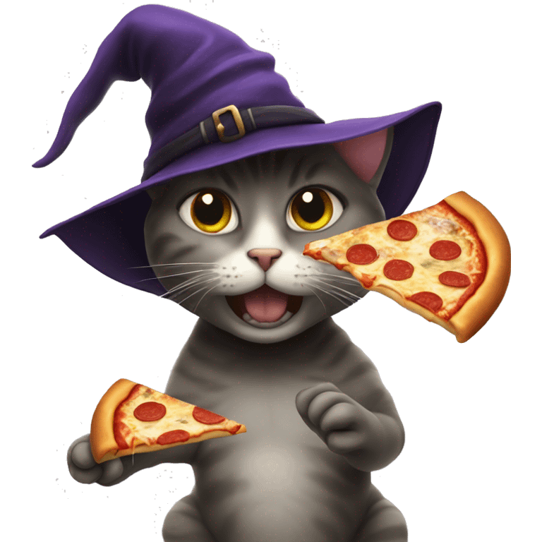 cat in witch hat eating pizza emoji