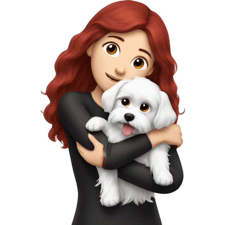 Dark-red-haired girl hugs  her maltese black dog emoji