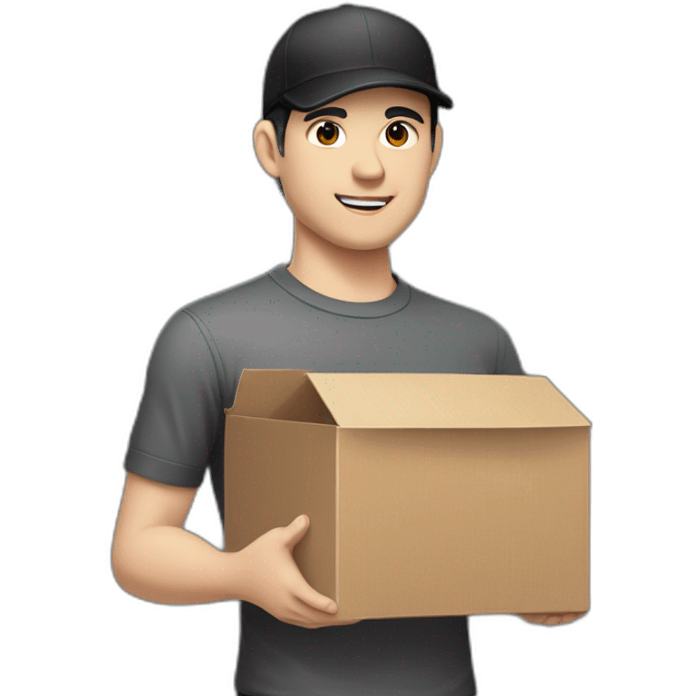 Pale skinned Man with black hair in a black cap and dark gray polo T-shirt keeping a box into his hands emoji