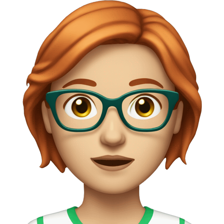 Adult Caucasian woman with choppy straight chin-length highlighted red hair and blue eyes and green glasses and white shirt emoji