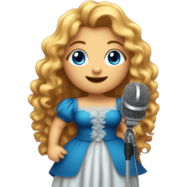 blue eyed long golden curly haired chubby girl on stage talking to a microfon with fancy outfit emoji