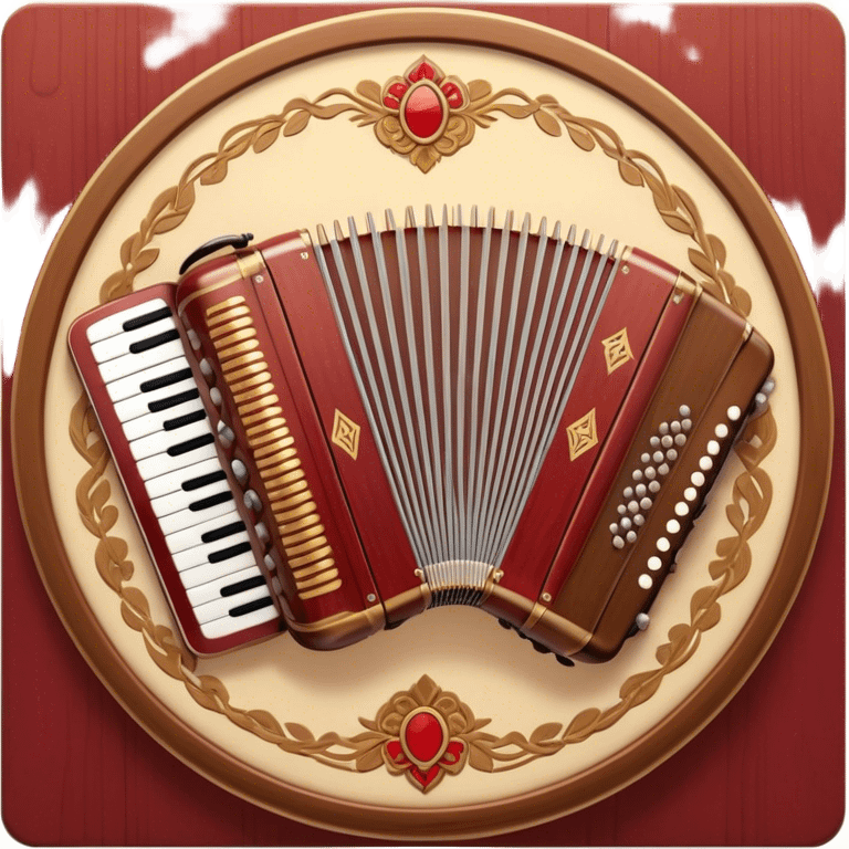 Create a warm and authentic humanless emoji representing folk singing. The design should feature a traditional folk microphone at the center, surrounded by classic instruments such as a bayan (button accordion), gusli (a traditional Russian zither), and a tambourine. Arrange these instruments in a harmonious, circular pattern to evoke a sense of folk music and community performance. Use natural, earthy colors like wood brown, deep red, and golden accents to reflect the rustic and heartfelt spirit of folk music. Add subtle musical notes to the background to convey the rhythm and harmony of the performance. The background should be transparent. emoji