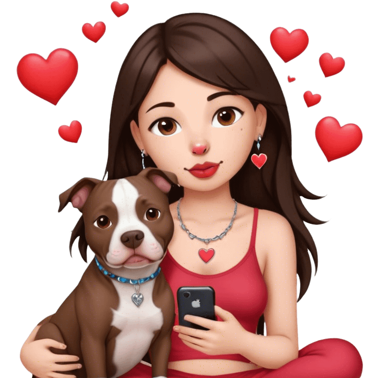 Young girl was long, dark brown hair sits with her dog who is a pretty girl pitbull with her cell phone in her hand in a small septum ring in her nose was hearts flying all around her emoji