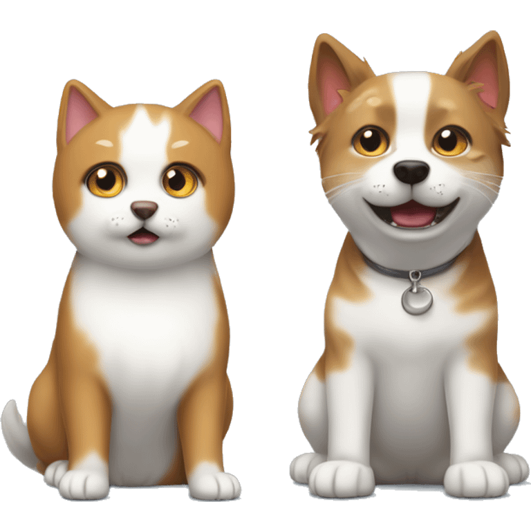 a white Spitz dog and a brown tabby cat. the dog barks and the cat sits on the left with a sad face emoji