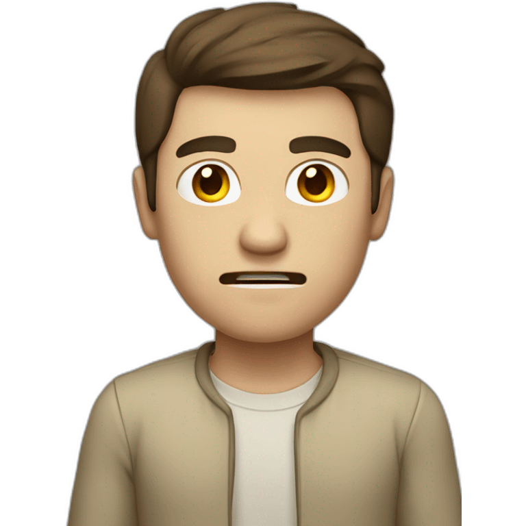 Man with brown hair with beige clothes with angry face emoji