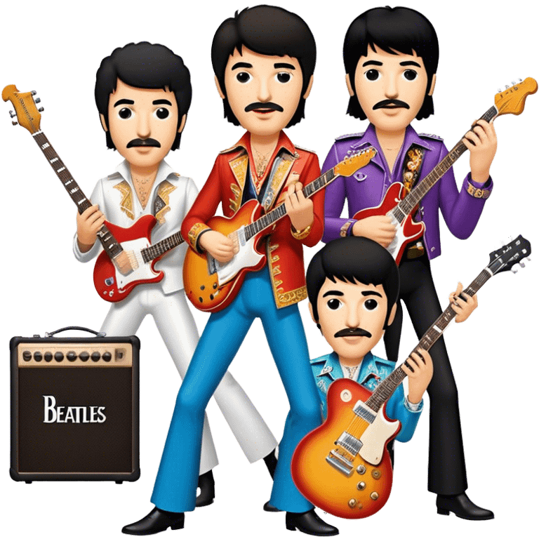 Rock music icon: dynamic collage of global rock legends like The Beatles, Jimi Hendrix, Elvis Presley, Freddy Mercury and Curt Cobane, surrounded by guitars, amplifiers, and stage lights. Symbolizing the energy and power of rock music. Transparent background. emoji