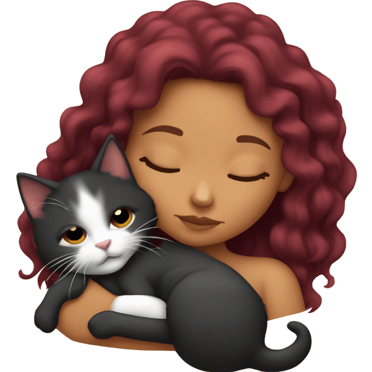 tanned girl long burgundy hair sleeping with black kitty emoji