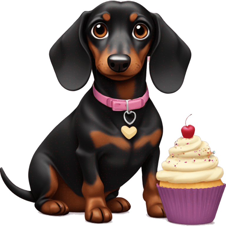 Black and brown daschund eating a cupcake  emoji