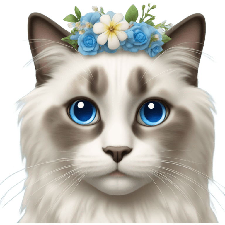 Realistic ragdoll cat with blue eyes wearing flowers  emoji