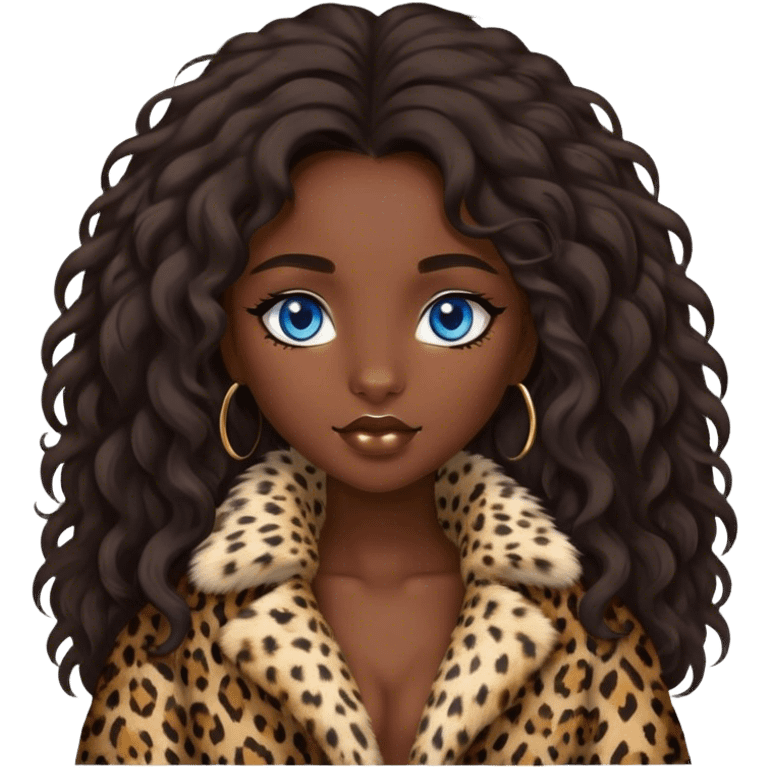 Dark Brunette girl blue eyes with long wavy hair in fluffy leopard fur coat  emoji