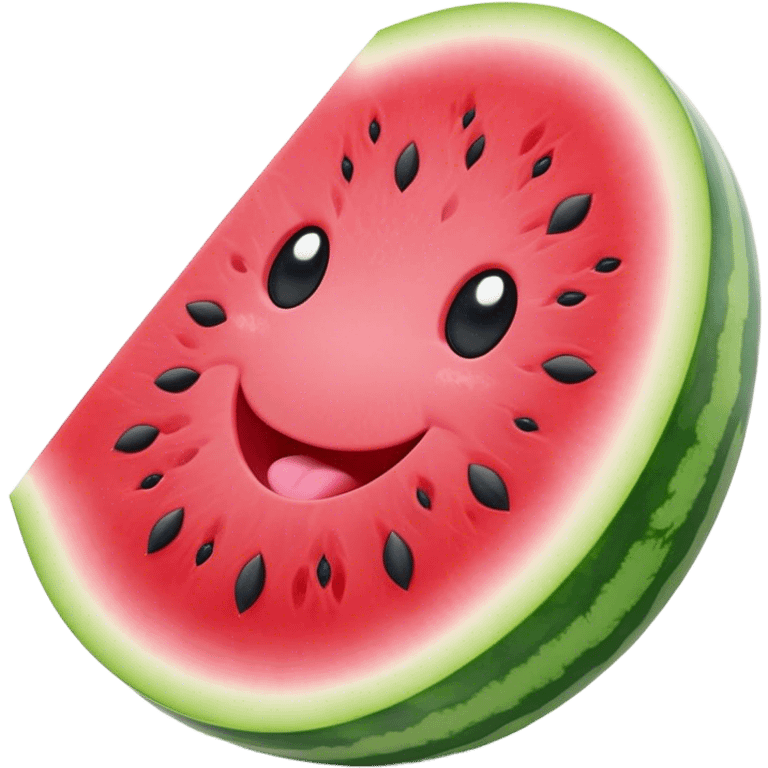 Cute Kawaii Watermelon Slice, juicy and vibrant, soft pastel green rind with pink flesh, tiny black seeds shaped like hearts, an adorable happy face with cute round eyes, bursting with summer energy! emoji