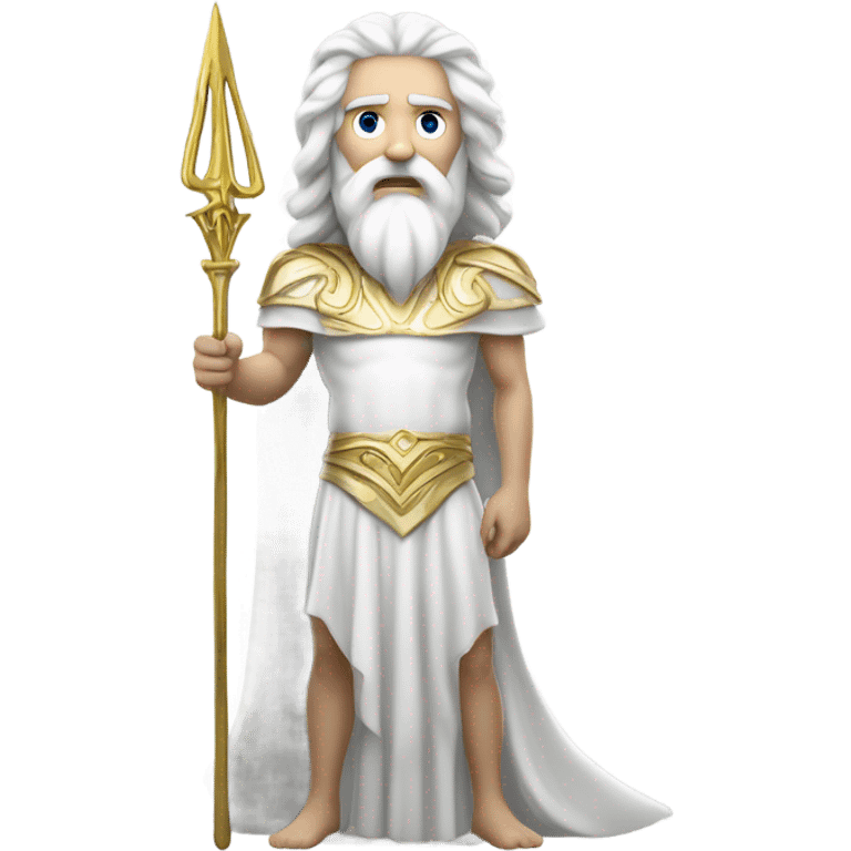 white man Poseidon with gold Trident. long white hair white dress.  with  hose emoji