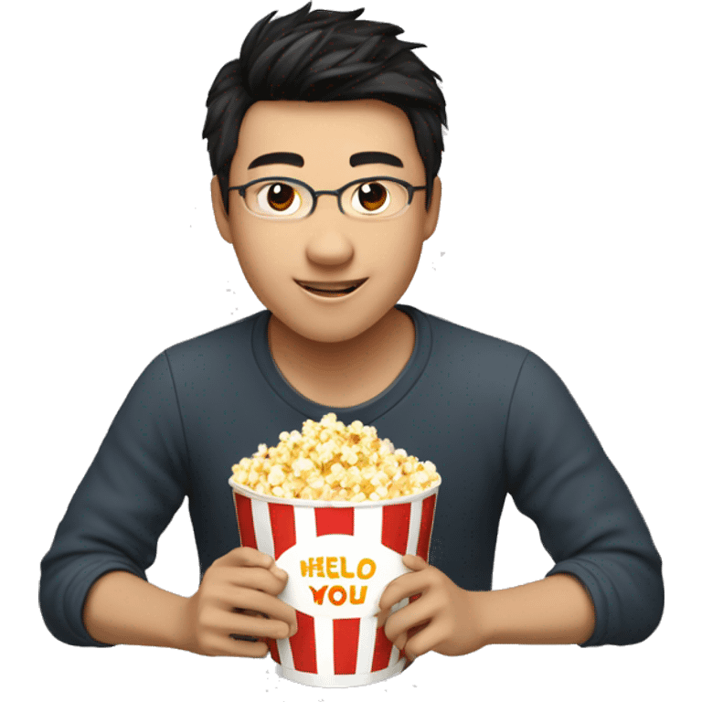 a Chinese 20-year-old boy with curved hair holding a cup of popcorn and saying Hello emoji