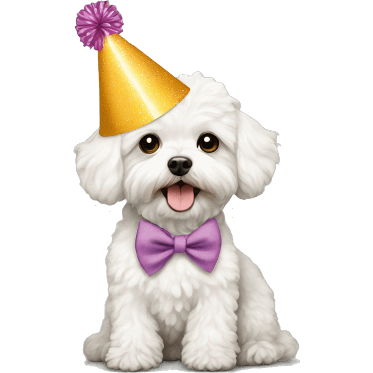 White Maltipoo wearing birthday hat emoji